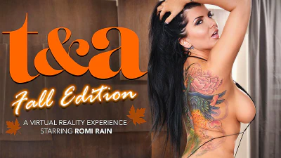 Cover for 'Naughty America VR: Romi Rain fucking in the den with her tits vr porn'